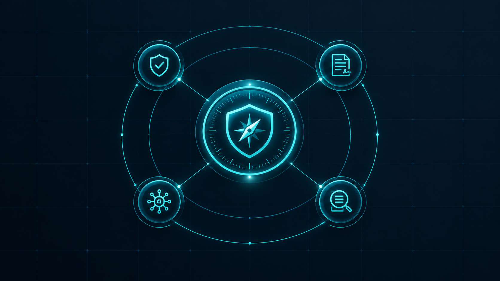 Glowing compass shield at the center of a network of data integrity, compliance, AI, and audit controls